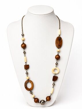 Vintage Boho Wood Bead Statement Necklace Mixed‎ Media Long Necklace